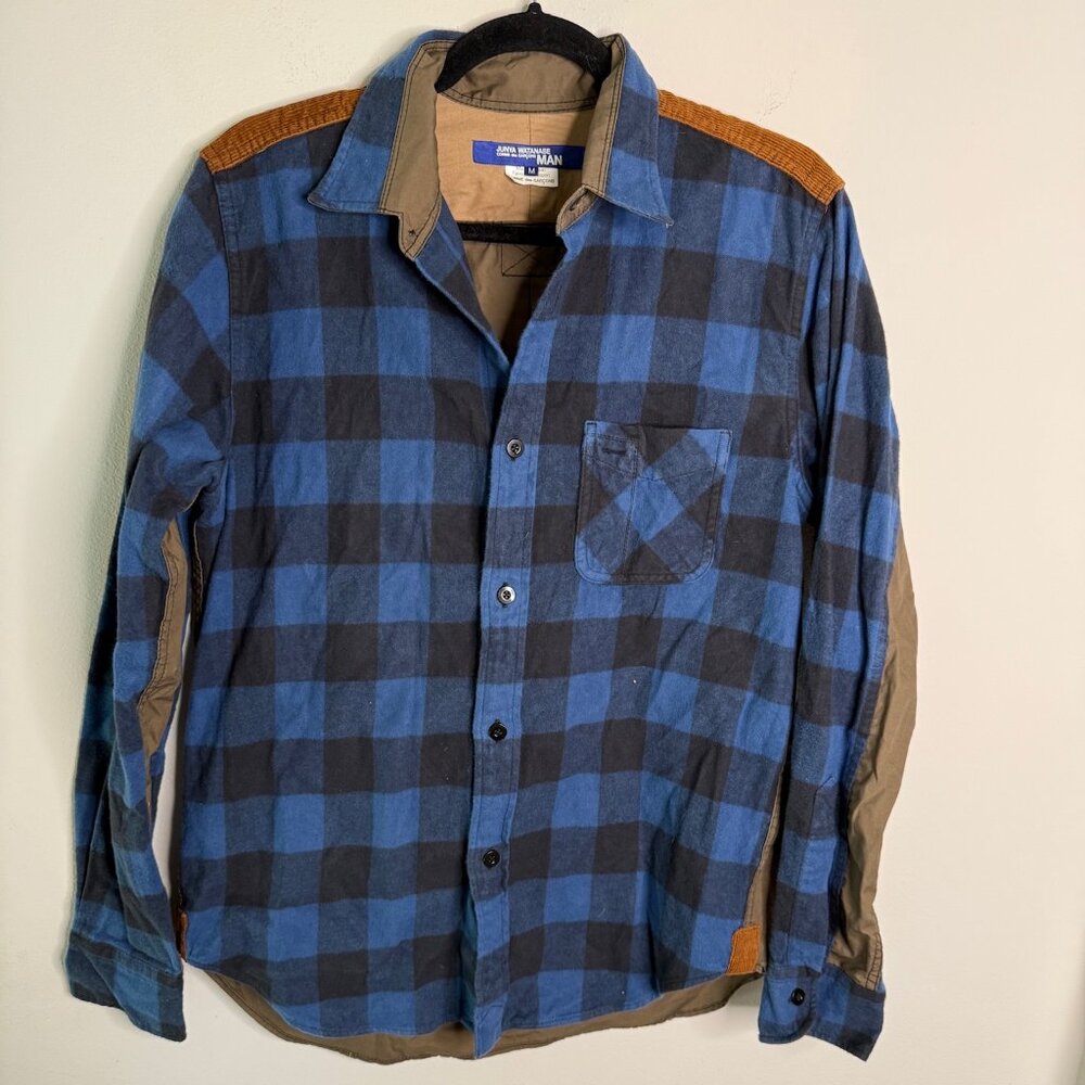 Junya Watanabe Women's Medium‎ Plaid Blue Brown Shirt Patchwork Casual Corduory